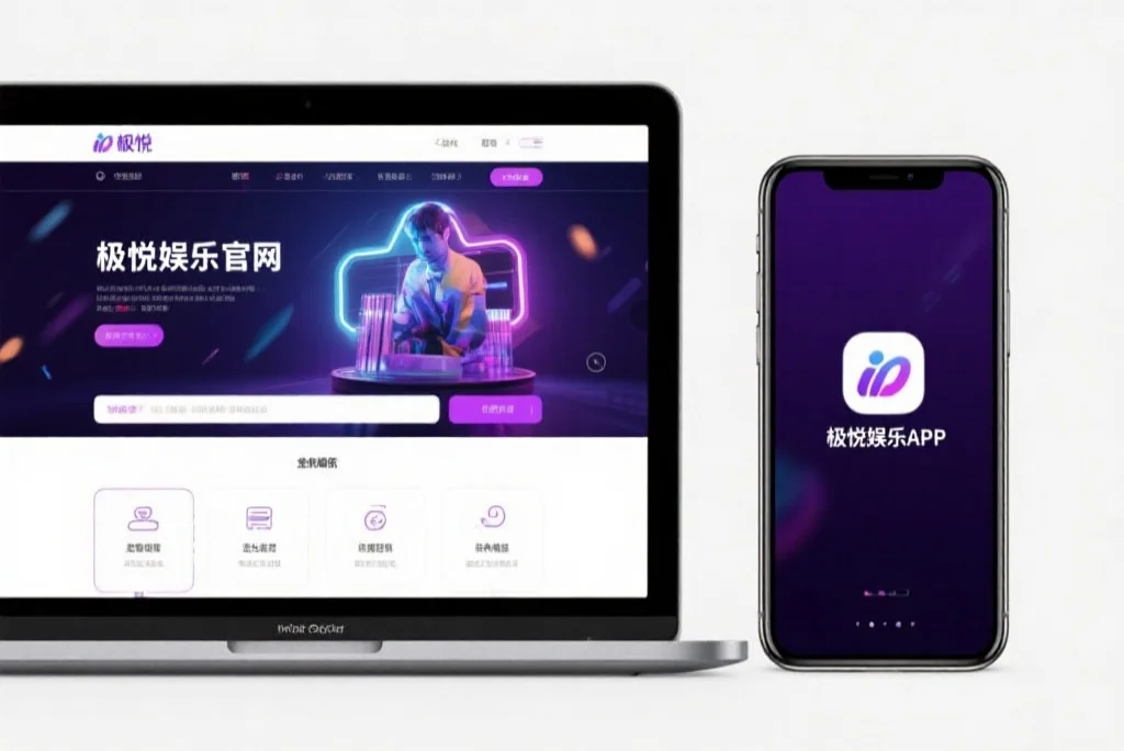 一台笔记本电脑屏幕上显示着蓝图娱乐官网的界面，旁边是一部手机显示着蓝图娱乐APP，两者并列对比